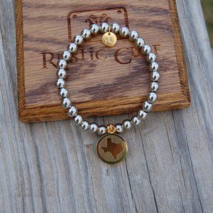Rustic Cuff Ireland silver beaded bracelet with gold Texas state engraved charm